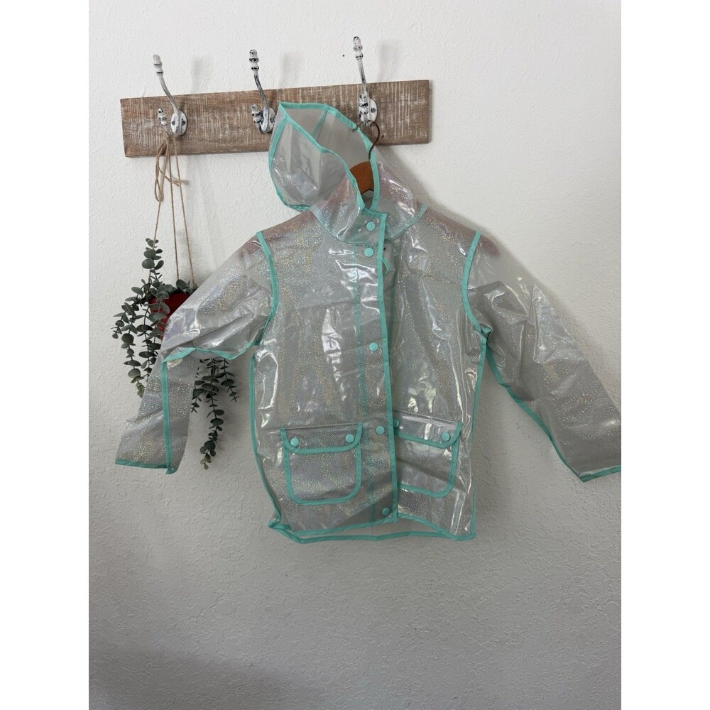 Cat & Jack Kids Transparent Raincoat Clear Mint Trim Waterproof Size M 7/8 Youth